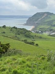 Looking back at Golden Cap, Seatown is in the foreground
